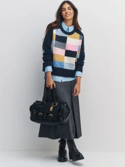 Navy Blue Multi Patched Crew Neck Knitted Jumper with Wool