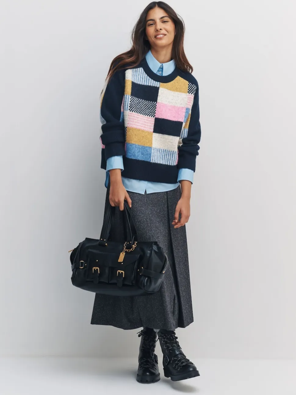 Navy Blue Multi Patched Crew Neck Knitted Jumper with Wool