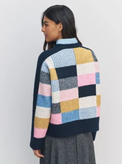 Navy Blue Multi Patched Crew Neck Knitted Jumper with Wool