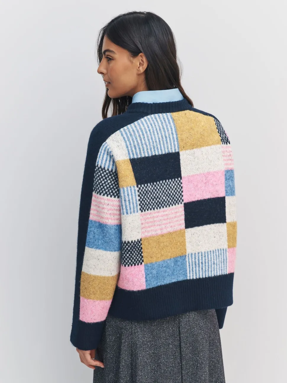 Navy Blue Multi Patched Crew Neck Knitted Jumper with Wool