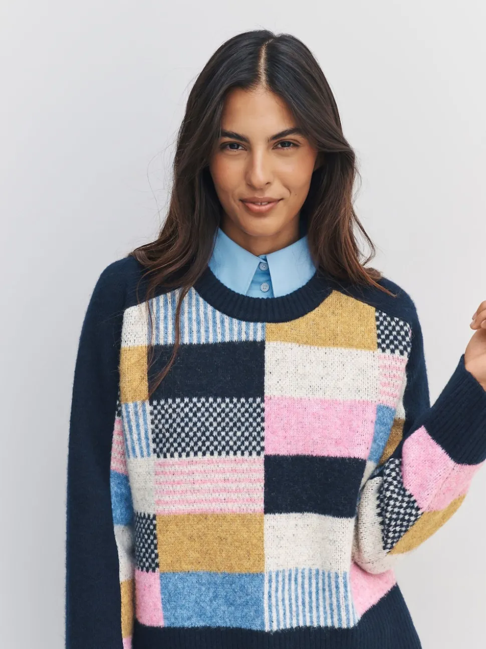 Navy Blue Multi Patched Crew Neck Knitted Jumper with Wool