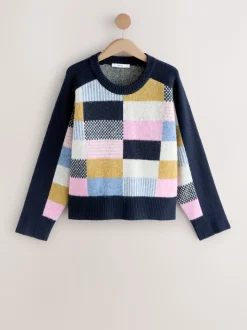 Navy Blue Multi Patched Crew Neck Knitted Jumper with Wool