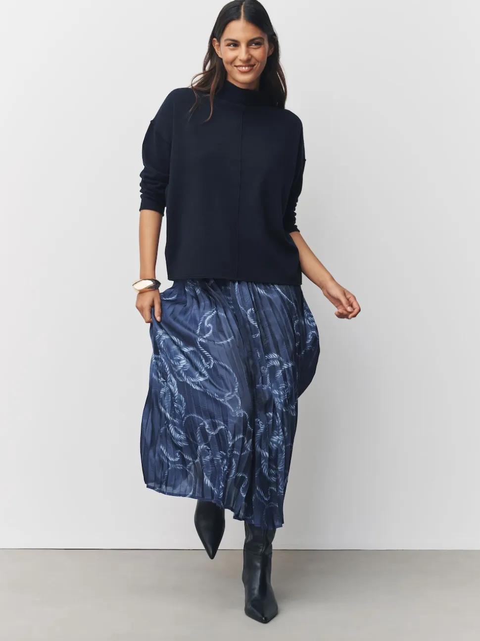 Navy Blue Nautical Print 2-In-1 Knitted Jumper with Pleated Midi Skirt