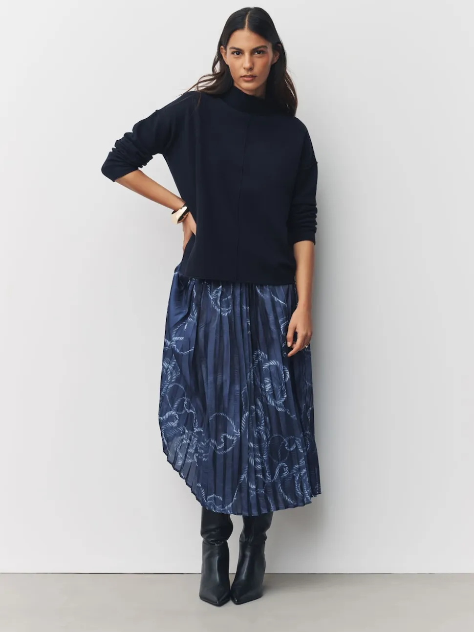 Navy Blue Nautical Print 2-In-1 Knitted Jumper with Pleated Midi Skirt