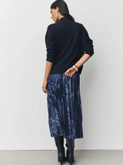 Navy Blue Nautical Print 2-In-1 Knitted Jumper with Pleated Midi Skirt