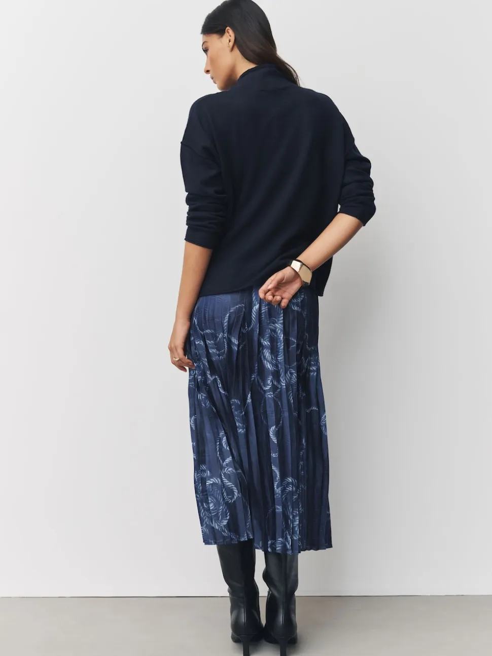 Navy Blue Nautical Print 2-In-1 Knitted Jumper with Pleated Midi Skirt