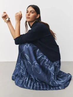 Navy Blue Nautical Print 2-In-1 Knitted Jumper with Pleated Midi Skirt