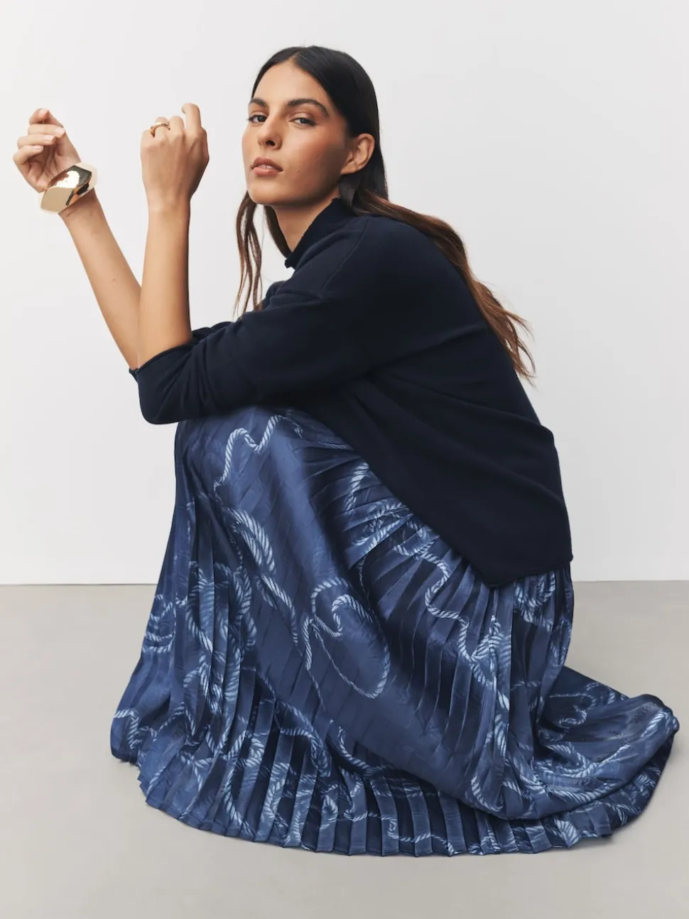 Navy Blue Nautical Print 2-In-1 Knitted Jumper with Pleated Midi Skirt