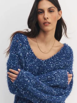 Navy Blue Neppy Fuzzy Texture V-Neck Knitted Jumper