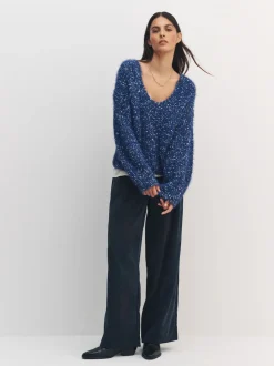 Navy Blue Neppy Fuzzy Texture V-Neck Knitted Jumper