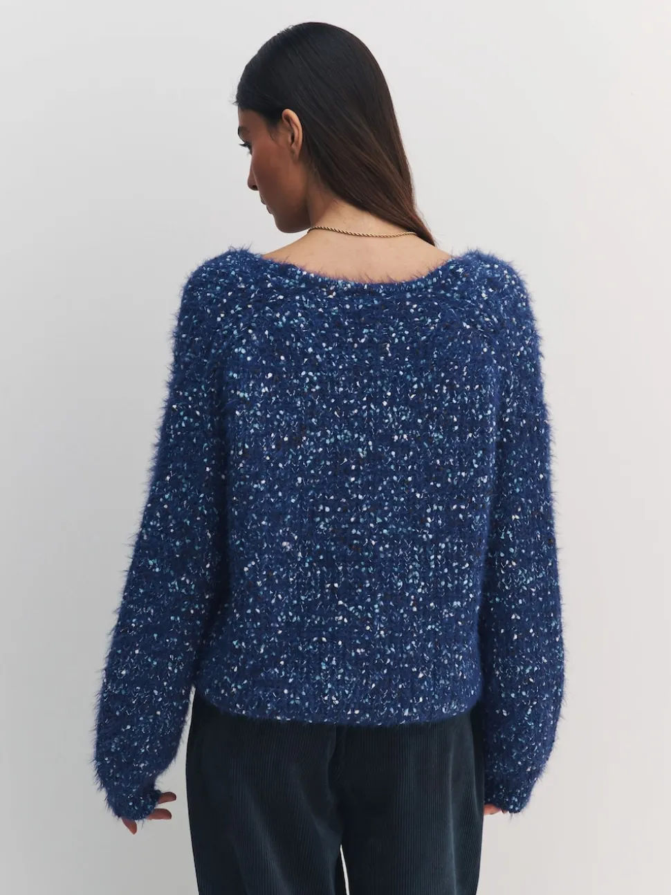 Navy Blue Neppy Fuzzy Texture V-Neck Knitted Jumper