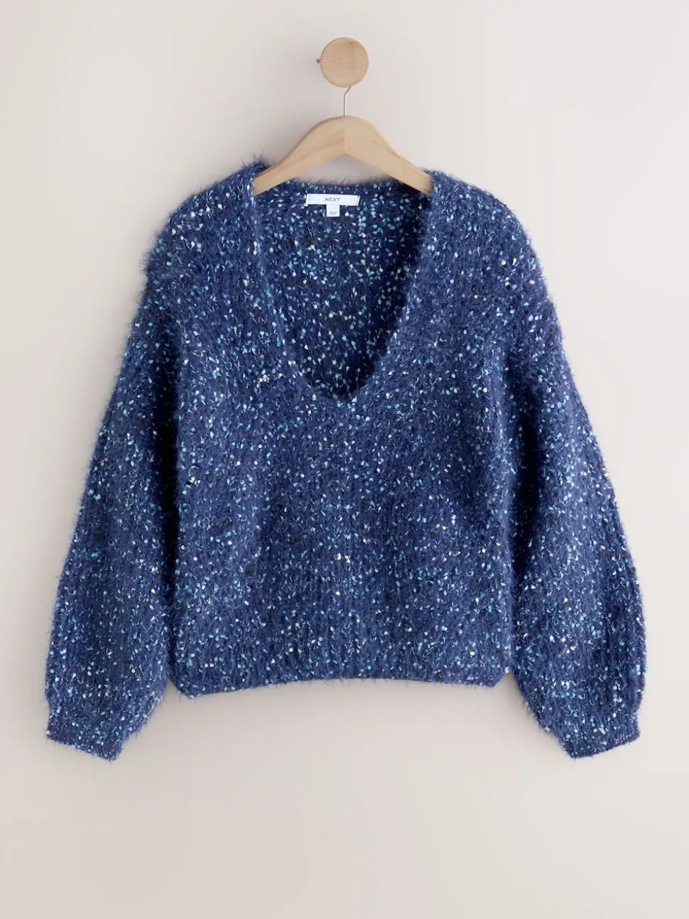 Navy Blue Neppy Fuzzy Texture V-Neck Knitted Jumper