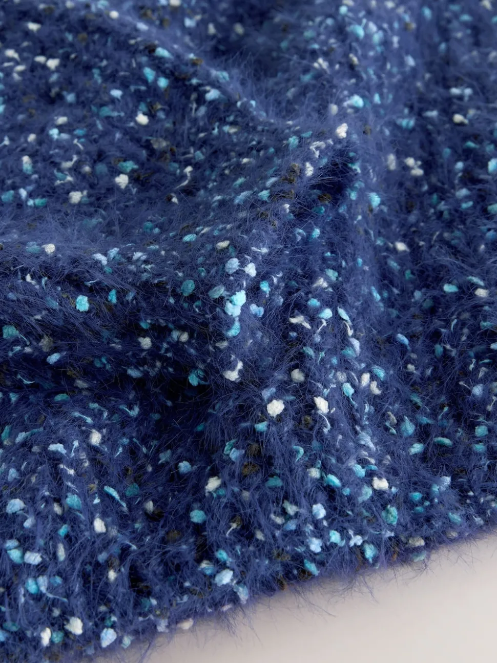 Navy Blue Neppy Fuzzy Texture V-Neck Knitted Jumper