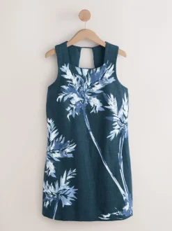 Navy Blue Placement Floral Print Linen Rich Square Neck Shift Mini Dress