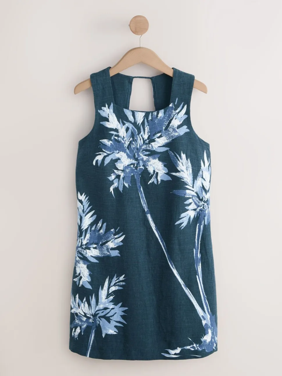 Navy Blue Placement Floral Print Linen Rich Square Neck Shift Mini Dress
