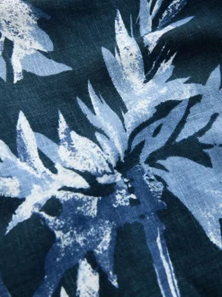 Navy Blue Placement Floral Print Linen Rich Square Neck Shift Mini Dress