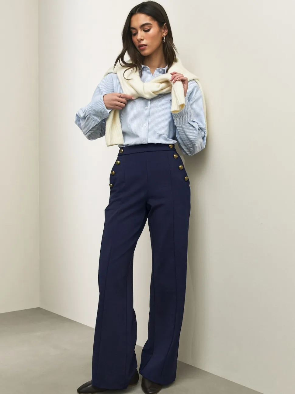 Navy Blue Ponte Wide Leg Trousers With Gold Button Detailing