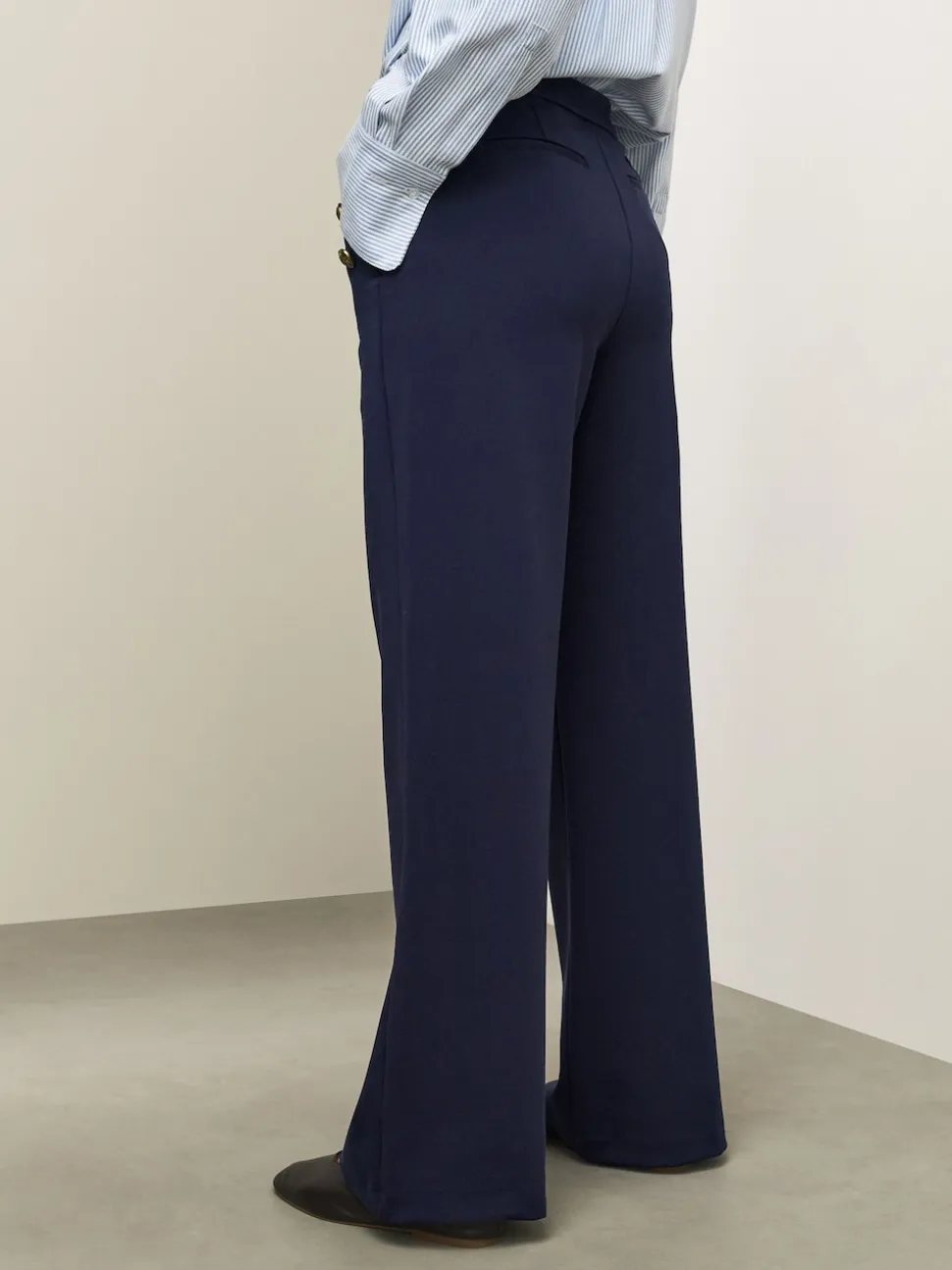 Navy Blue Ponte Wide Leg Trousers With Gold Button Detailing