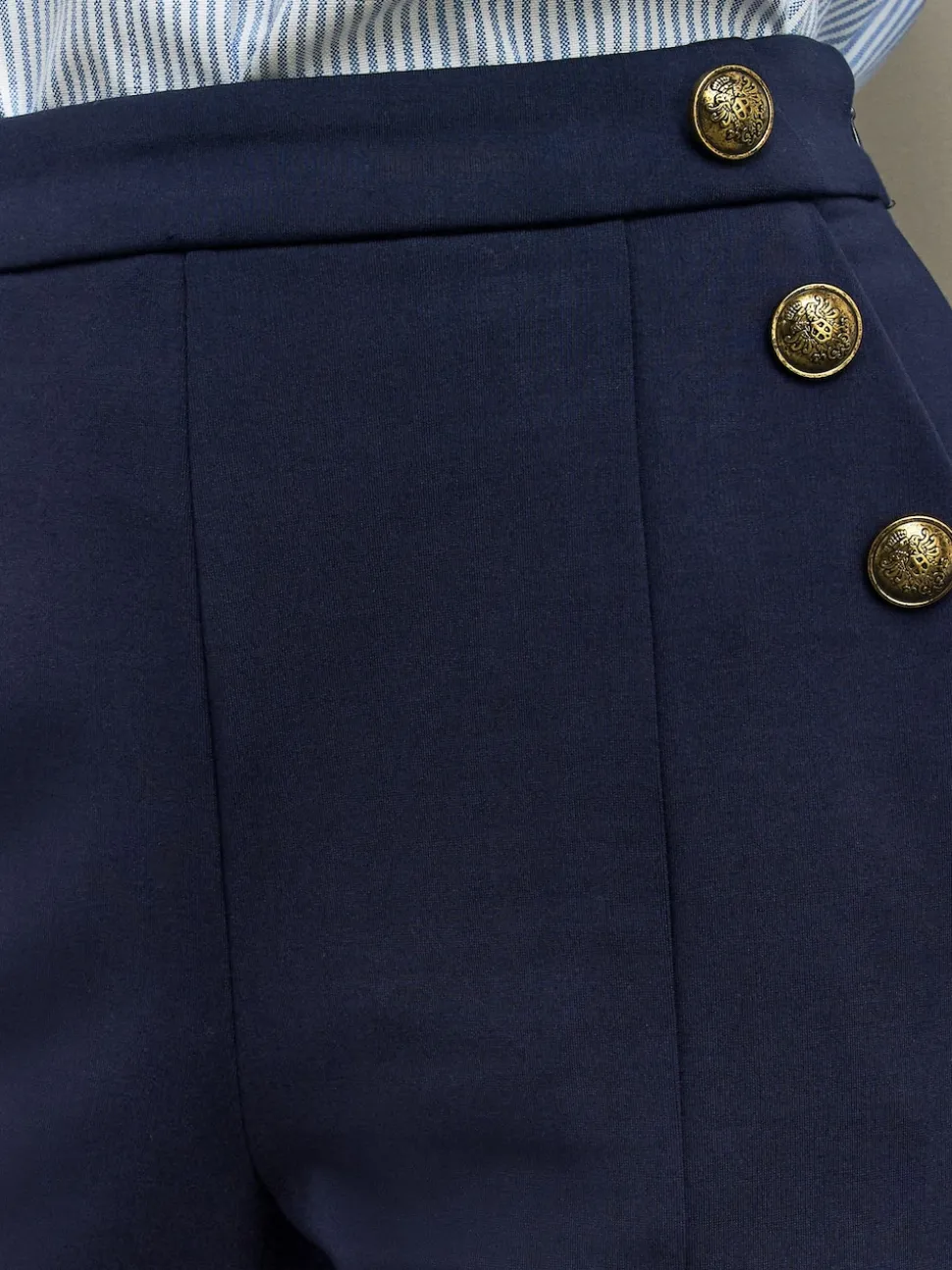 Navy Blue Ponte Wide Leg Trousers With Gold Button Detailing