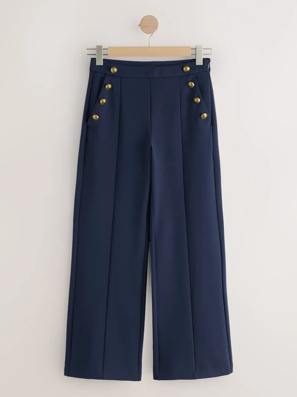 Navy Blue Ponte Wide Leg Trousers With Gold Button Detailing