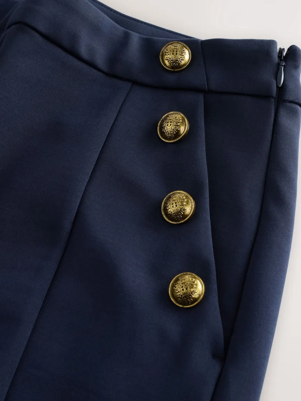 Navy Blue Ponte Wide Leg Trousers With Gold Button Detailing