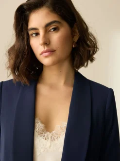 Navy Blue Relaxed Ruched Sleeve Blazer