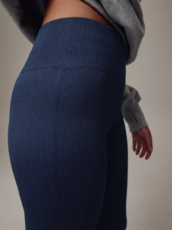 Navy Blue Ribbed Seamless High Waist Leggings