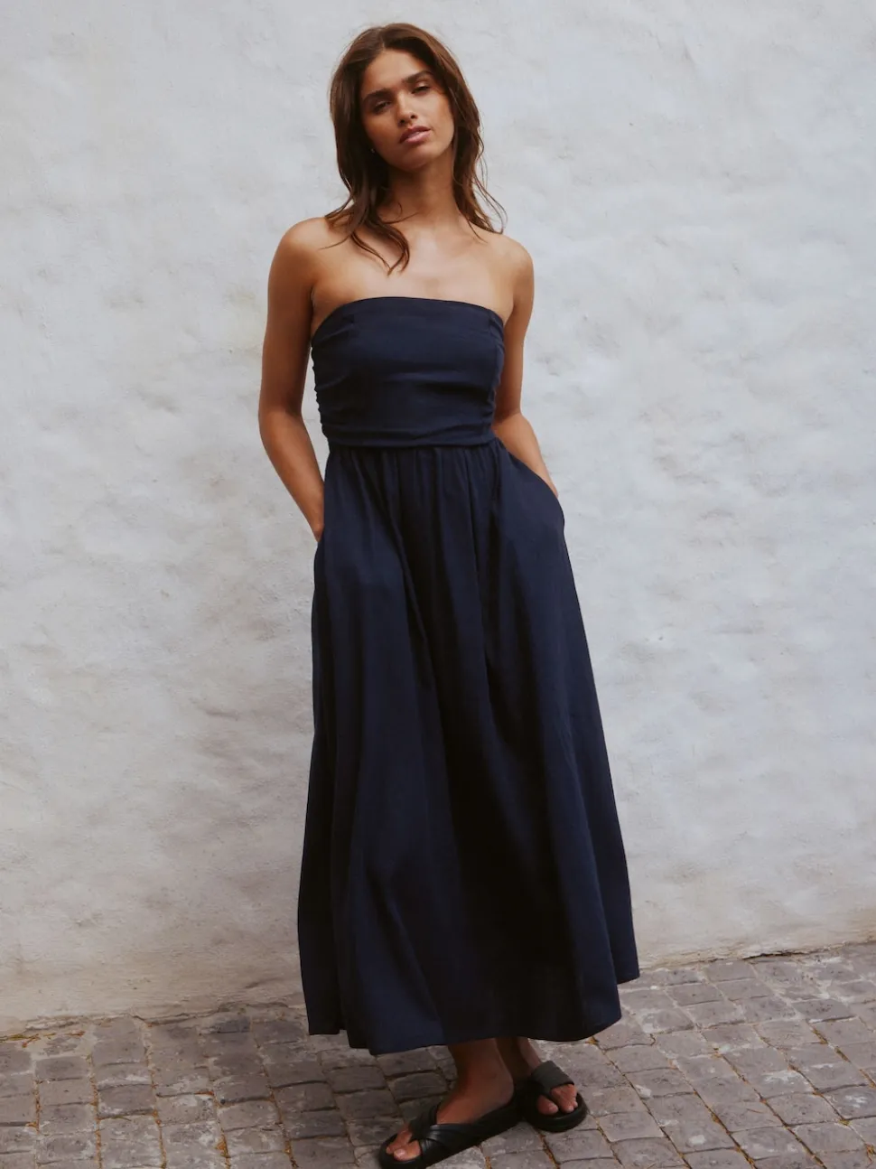 Navy Blue Ruched Bandeau Midi Dress with Linen