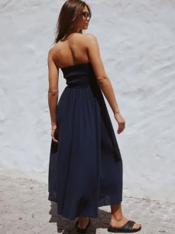 Navy Blue Ruched Bandeau Midi Dress with Linen