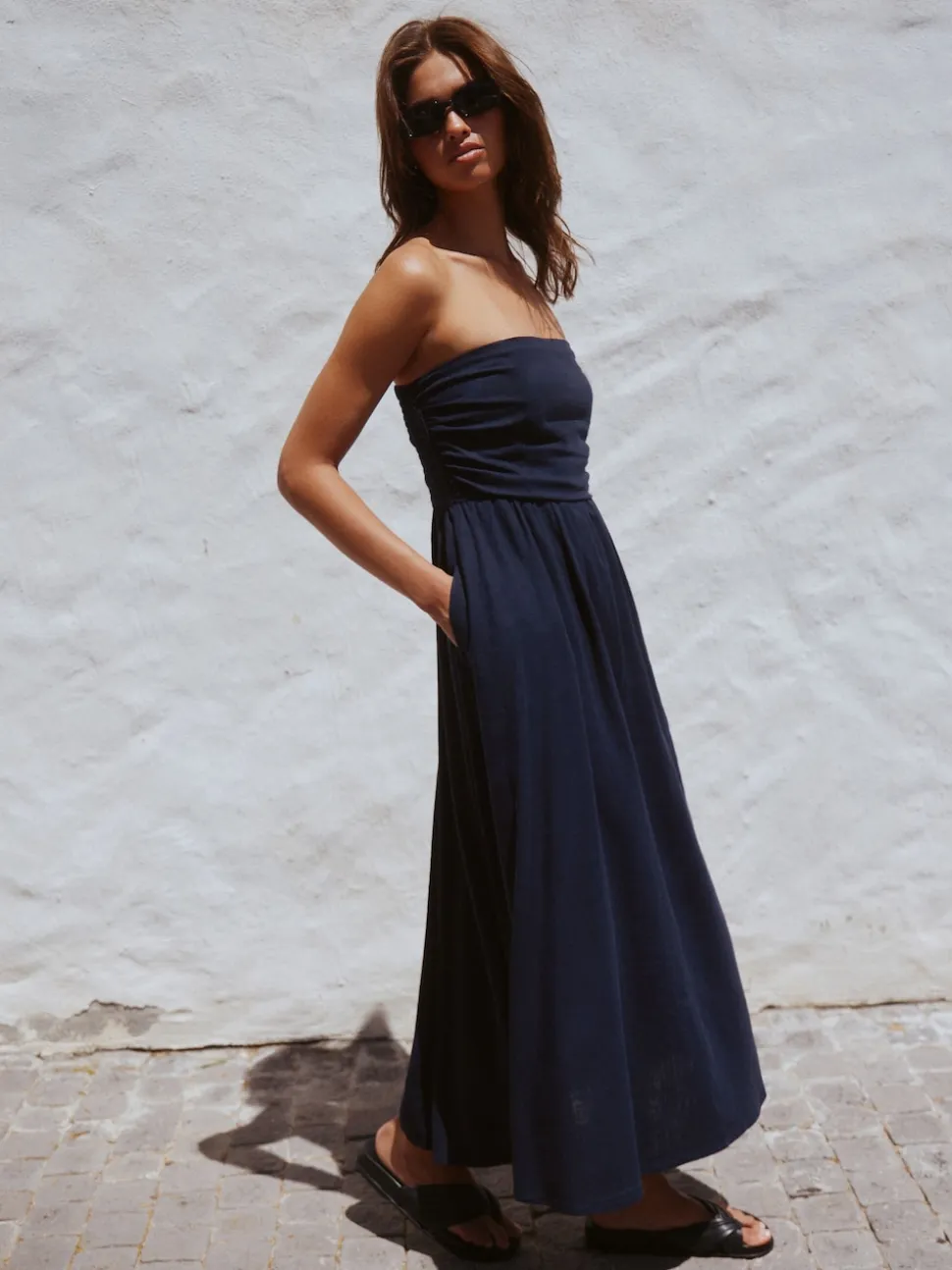 Navy Blue Ruched Bandeau Midi Dress with Linen