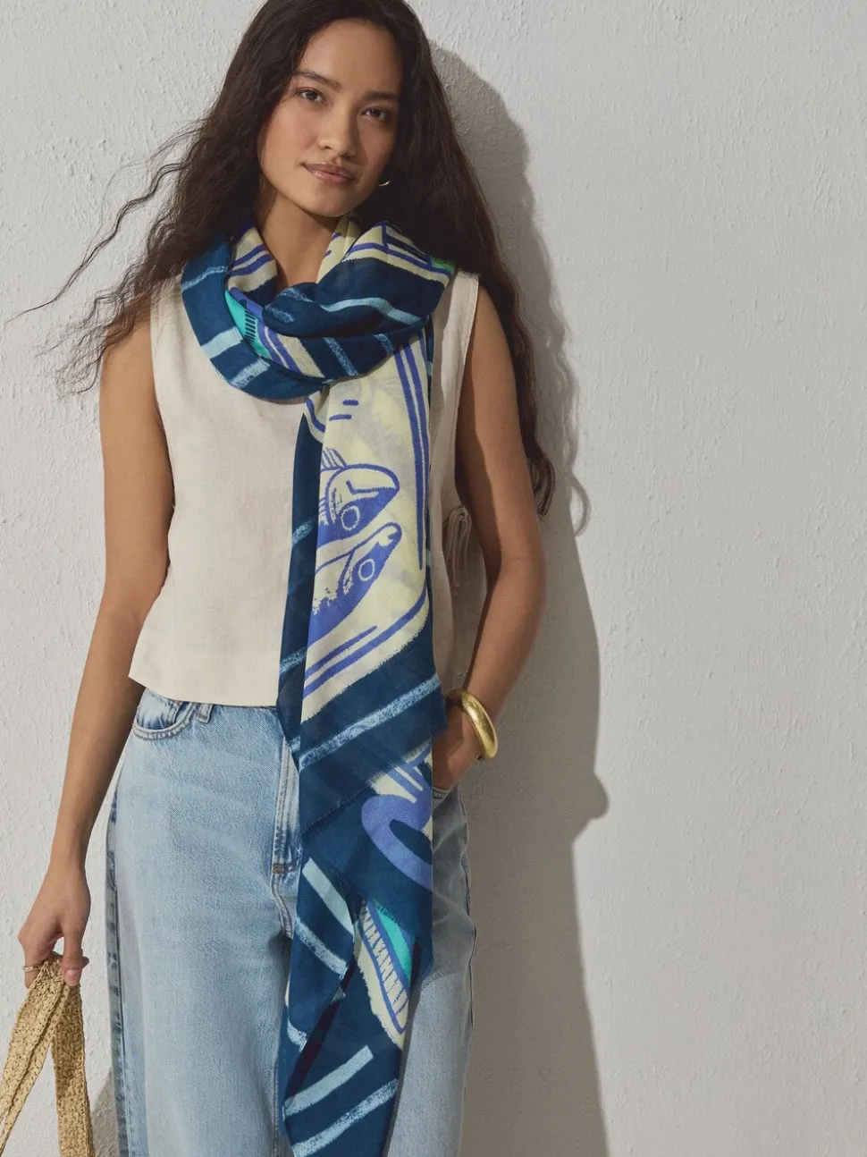 Navy Blue Sardine Print Lightweight Scarf