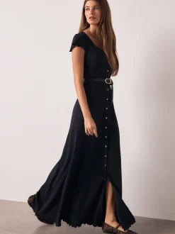 Navy Blue Short Sleeve Jersey Button Through Maxi Dress