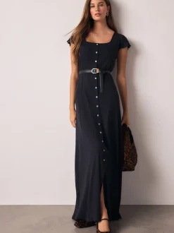 Navy Blue Short Sleeve Jersey Button Through Maxi Dress