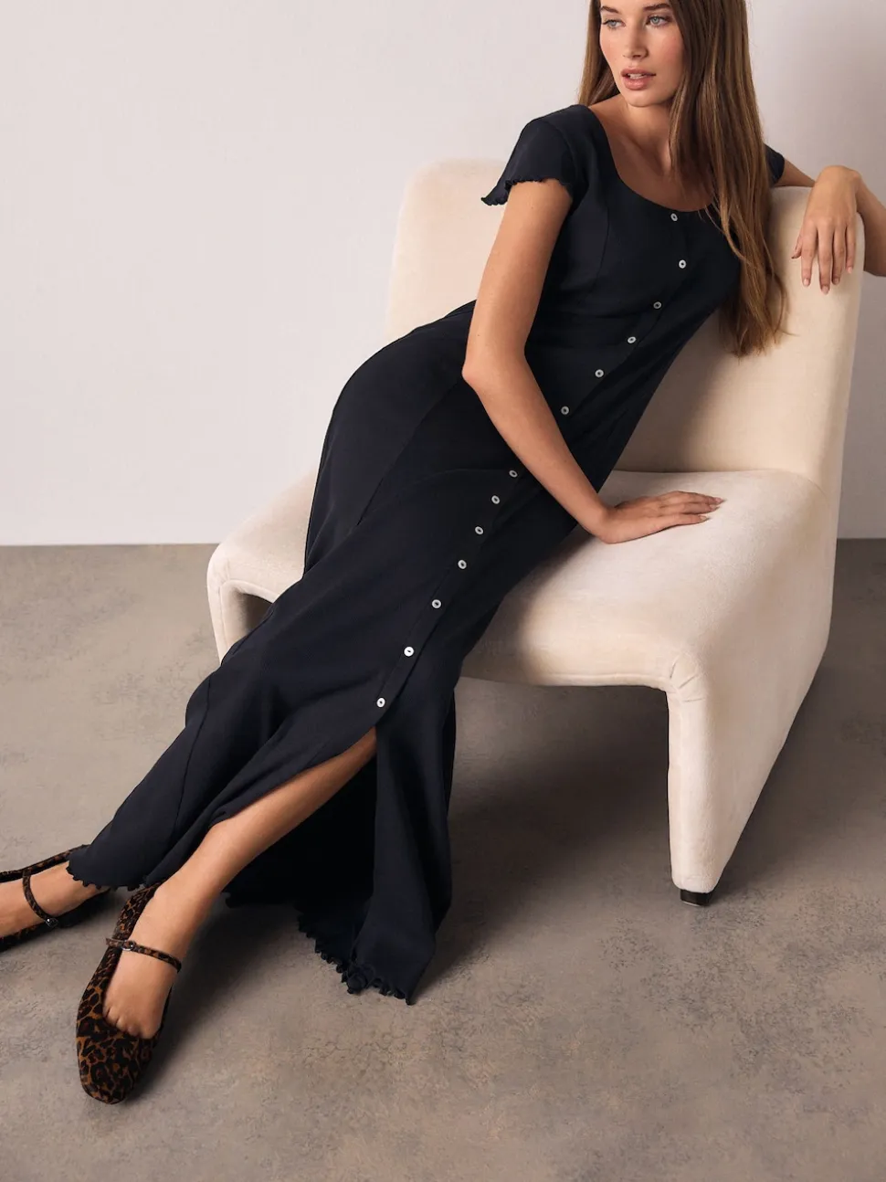 Navy Blue Short Sleeve Jersey Button Through Maxi Dress