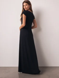 Navy Blue Short Sleeve Jersey Button Through Maxi Dress