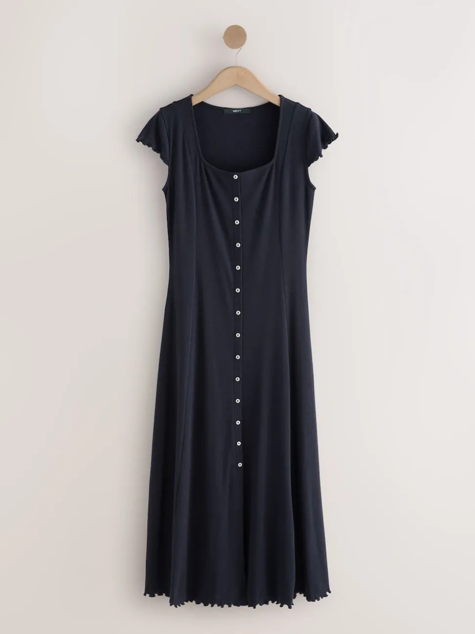 Navy Blue Short Sleeve Jersey Button Through Maxi Dress