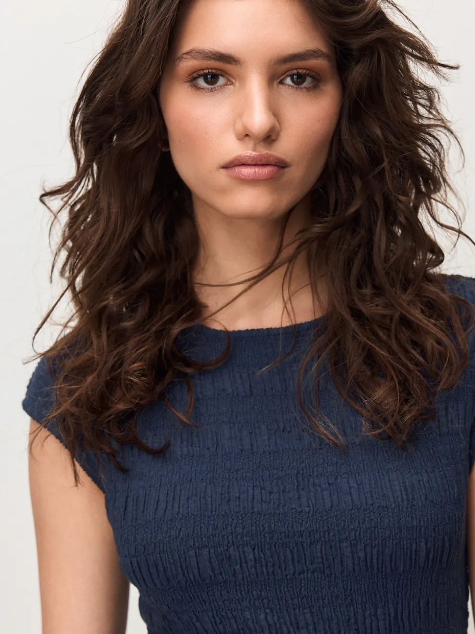 Navy Blue Short Sleeve Shirred Textured Crew Neck Top