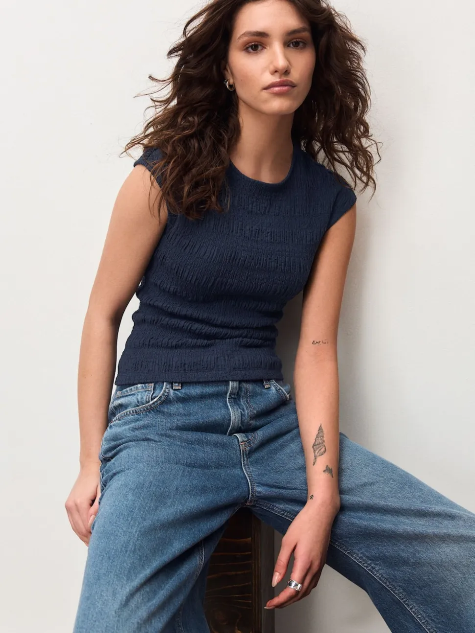 Navy Blue Short Sleeve Shirred Textured Crew Neck Top