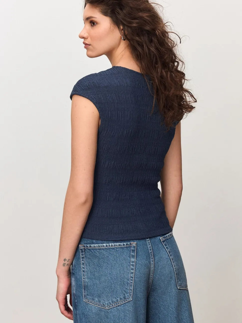 Navy Blue Short Sleeve Shirred Textured Crew Neck Top