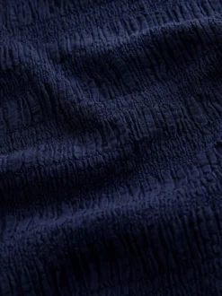 Navy Blue Short Sleeve Shirred Textured Crew Neck Top