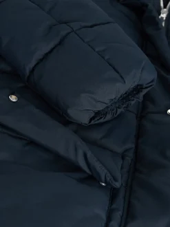 Navy Blue Shower Resistant Padded Hooded Longline Coat