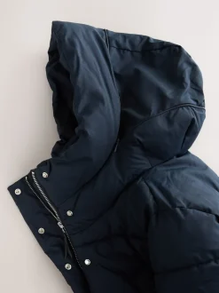 Navy Blue Shower Resistant Padded Hooded Longline Coat