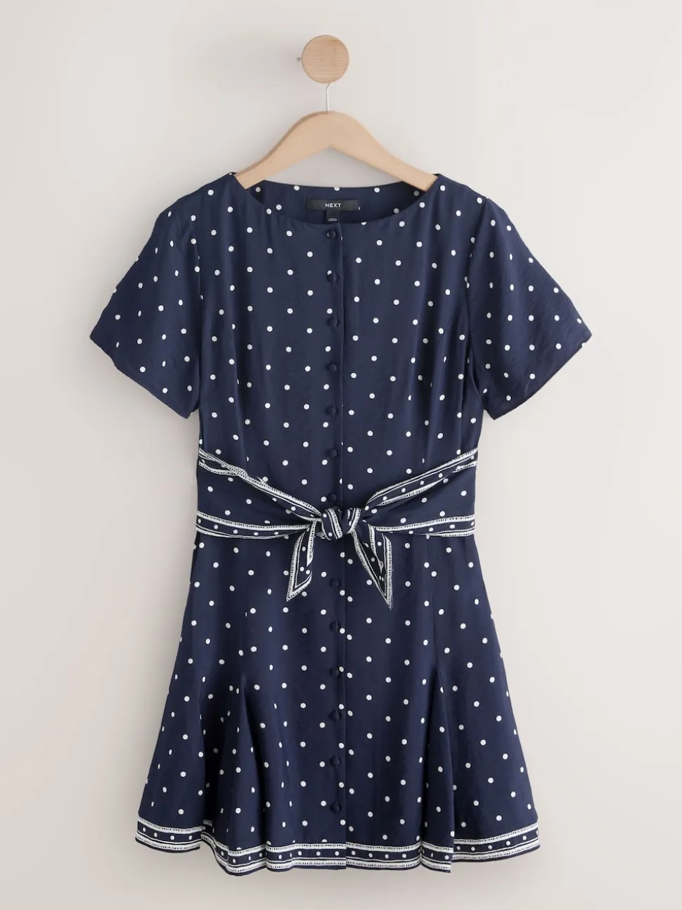 Navy Blue Spot Tie Waist Mini Dress