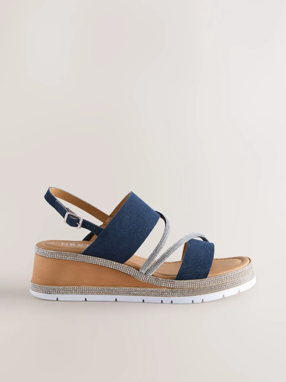 Navy Blue Standard/Wide Fit Leather Bling Detail Slingback Sports Wedge Sandals