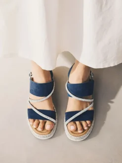 Navy Blue Standard/Wide Fit Leather Bling Detail Slingback Sports Wedge Sandals