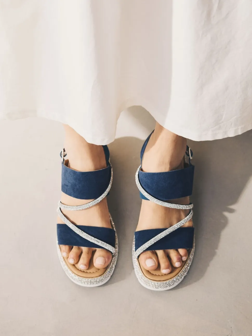 Navy Blue Standard/Wide Fit Leather Bling Detail Slingback Sports Wedge Sandals