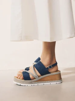 Navy Blue Standard/Wide Fit Leather Bling Detail Slingback Sports Wedge Sandals