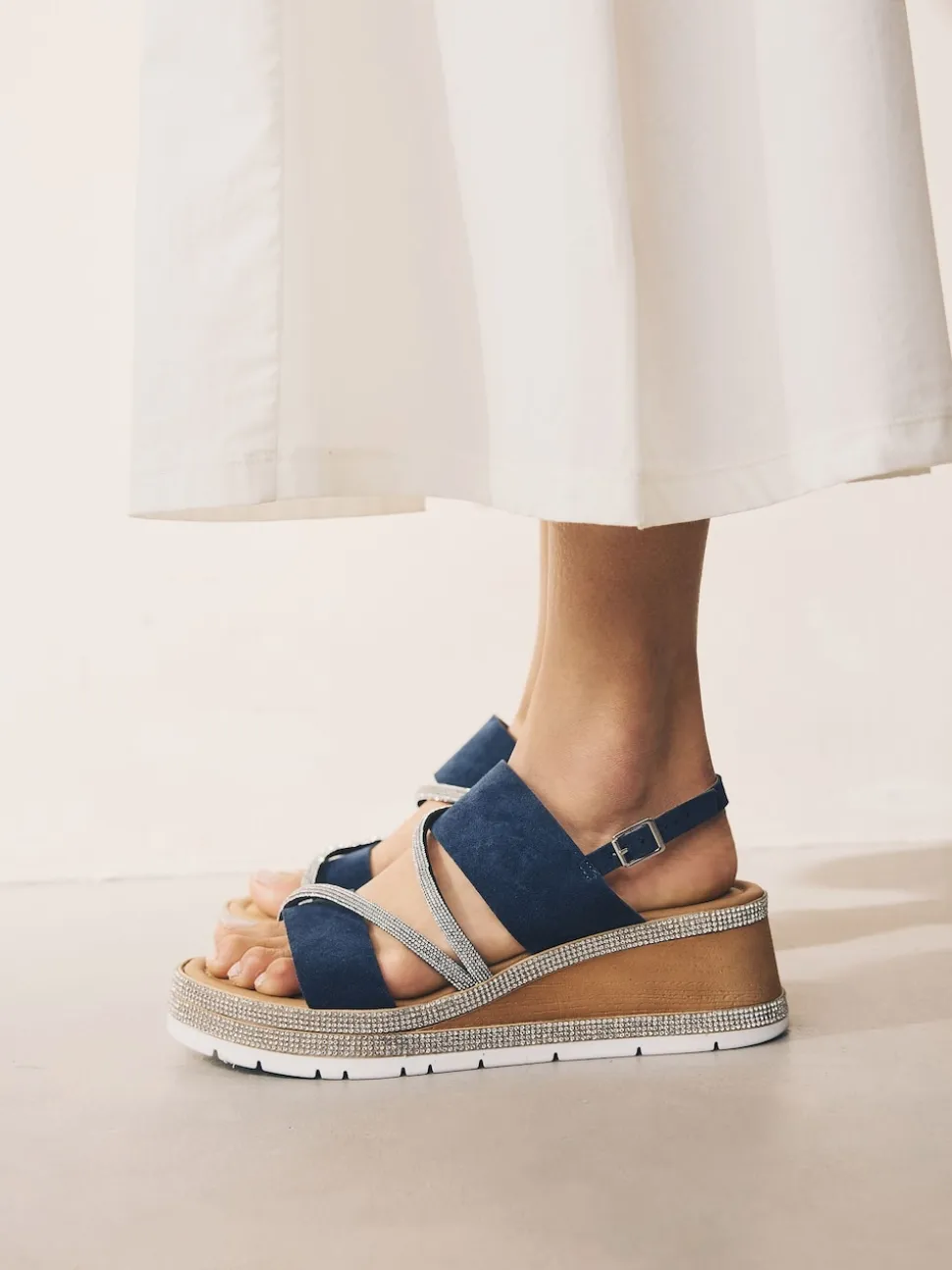 Navy Blue Standard/Wide Fit Leather Bling Detail Slingback Sports Wedge Sandals