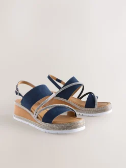 Navy Blue Standard/Wide Fit Leather Bling Detail Slingback Sports Wedge Sandals