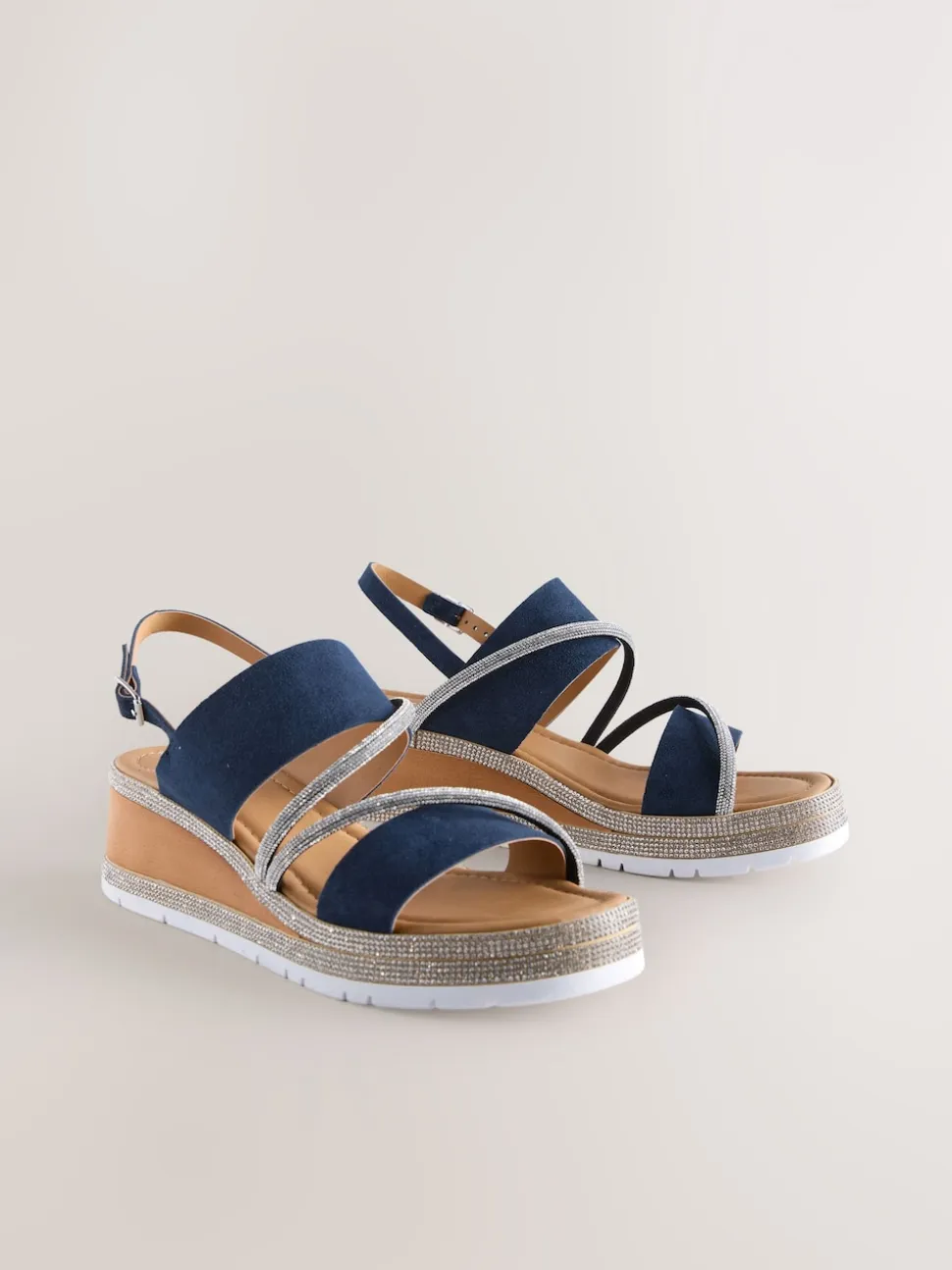 Navy Blue Standard/Wide Fit Leather Bling Detail Slingback Sports Wedge Sandals